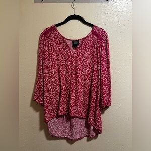 Bobeau Women’s V-Neck Three Quarter Sleeve Pink & White Floral Blouse Size Large